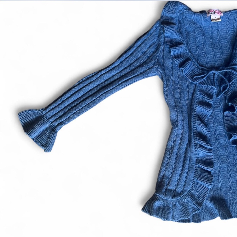 Y2K 90’s Vintage Dusty Blue Ribbed Ruffle Cardigan W/ Optional Tie-Front. - Picture 5 of 10